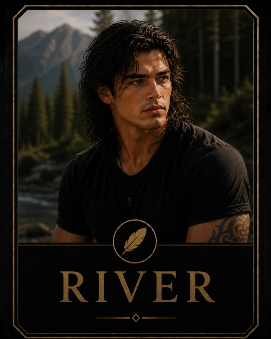 Portrait of River beside a forested mountain landscape
